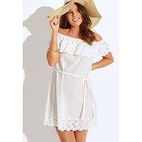 Pour Moi Cotton Broderie Bardot Mini Beach Dress - White