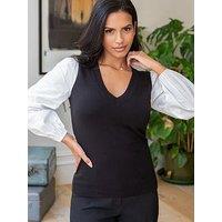 Pour Moi Reese V-Neck Knit Jumper With Poplin Sleeves - Black/White