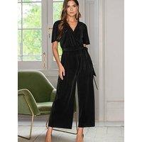 Pour Moi Tara Angel Sleeve Shine Plisse Cropped Leg Jumpsuit - Black