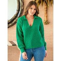 Pour Moi Kerry V-Neck Textured Knit Collared Jumper - Green