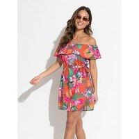 Pour Moi Frill Belted Bardot Dress - Orange