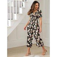 Pour Moi Sally Shirred Bodice Woven Puff Sleeve Jumpsuit With Lenzing Ecovero Viscose - Black/Multi