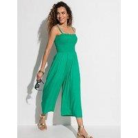 Pour Moi Strapless Shirred Bodice Crop Leg Beach Jumpsuit - Green