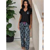Pour Moi Satin Jersey T-Shirt Pyjama Set - Dark Multi