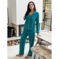 Pour Moi Bamboo Jersey Button Through Revere Collar Pyjama Set - Green