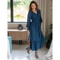 Pour Moi Carmen Fuller Bust Woven Elasticated Neckline Long Sleeve Midaxi Dress - Blue