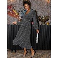 Pour Moi Emily Sparkle V-Neck Tie Waist Midi Dress - Silver