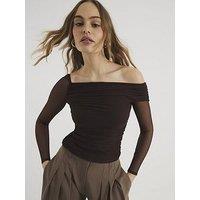 River Island Asymmetric Neck Ruched Mesh Top