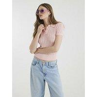 River Island Diamante Trim Crochet Polo Shirt