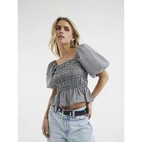 River Island Petite Puff Sleeve Gingham Shirred Top