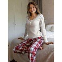Pour Moi Rib Jersey Lace Trim Henley Top And Check Trouser Pyjama Set