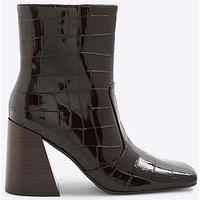 River Island Croc Texture Flared Block Heel Boots - Brown