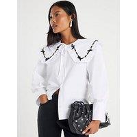 River Island Petite Poplin Ribbon Trim Collar Shirt - White