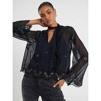 River Island Long Sleeve Chiffon Cutwork Blouse - Black