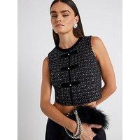 River Island Boucle Sleeveless Bow Front Top - Black