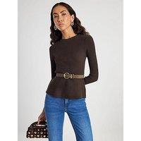 River Island Knitted Belted Peplum Top - Brown
