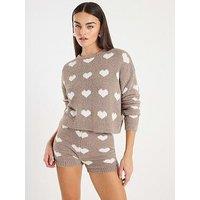 River Island Fluffy Heart Jumper Shorts Set - Brown