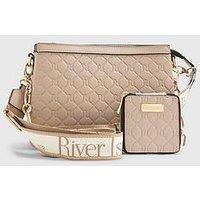River Island Embossed Monogram Chain Cross Body Bag - Beige