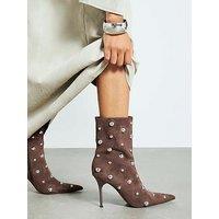River Island Faux Suede Studded Heeled Ankle Boots - Beige