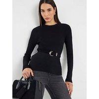 River Island Knitted Long Sleeve Belted Peplum Top - Black