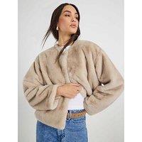 River Island Scarf Detail Faux Fur Coat - Cream