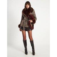 River Island Faux Fur Collar Check Wrap Coat - Brown