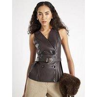 River Island Faux Leather Peplum Waistcoat Top - Brown