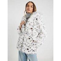 River Island Animal Print Hooded Faux Fur Coat - White