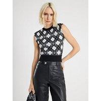 River Island Check Shoulder Pad Embellished Top - Black