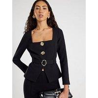 River Island Long Sleeve Belted Mixed Button Blazer - Black