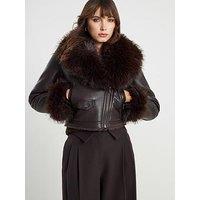 River Island Faux Fur Collar Cropped Biker Jacket - Brown