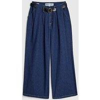 River Island Petite Belted Pleated Wide Leg Jeans - Blue