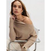 River Island Ribbed Off The Shoulder Jumper - Brown