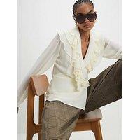 River Island Long Sleeve Wrap Ruffle Blouse - Cream