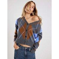River Island Knitted V Neck Argyle Print Cardigan