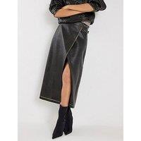 River Island Faux Leather Distressed Wrap Midi Skirt