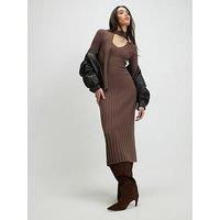 River Island Knitted Long Sleeve Tie Neck Midi Dress