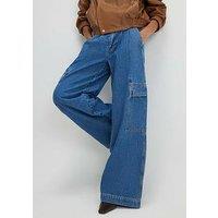 River Island Wide Leg Pleated Cargo Pocket Jeans - Blue