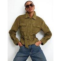 River Island Belted Faux Suede Jacket - Khaki