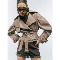 River Island Faux Leather Belted Trench Jacket - Beige