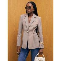River Island Long Sleeve Cinched Waist Blazer - Beige