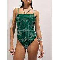River Island Strappy Embellished Swimsuit - Green