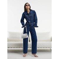 River Island Utility Belted Barrel Leg Denim Jumpsuit - Blue