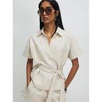 River Island Cream Linen Look Collared Belted Top