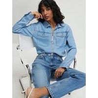 River Island Denim Tencel Bubble Hem Bomber Jacket