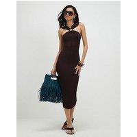 River Island Halter Neck Brooch Knitted Midi Dress - Brown