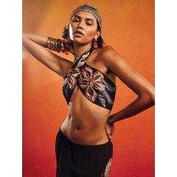 River Island Beaded Floral Halter Neck Crop Top - Black