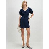 River Island Linen Blend Scallop Trim V Neck Dress - Blue