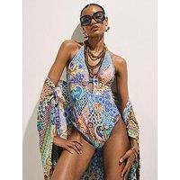 River Island Metallic Abstract Print Plunge Swimsuit - Blue