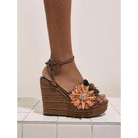 River Island 3D Raffia Flower Wedges - Brown